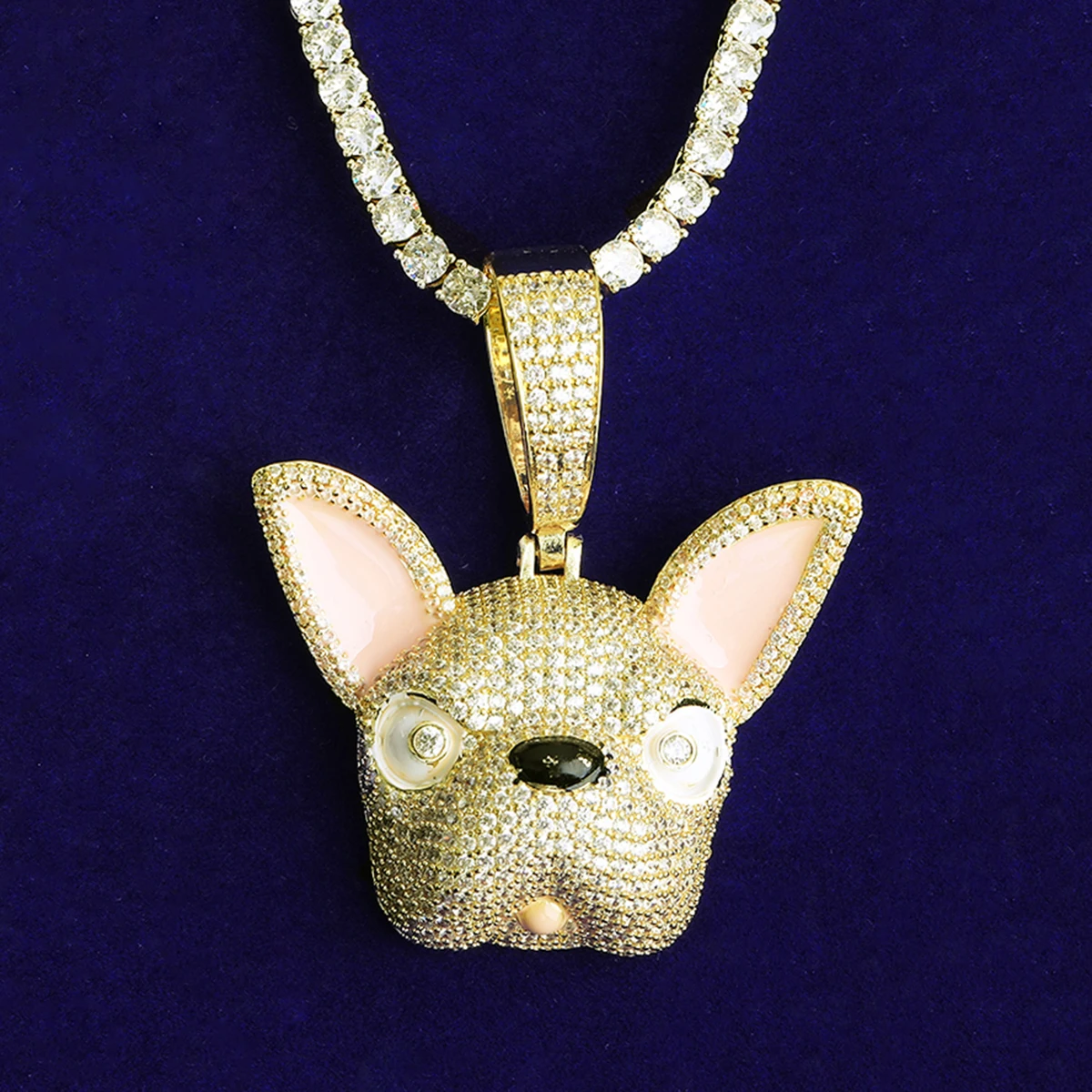 Bubble Letter Iced Out Pink Ears Dog Necklace Pendant for Men Prong Setting 5A Cubic Zirconia Hip Hop Jewelry