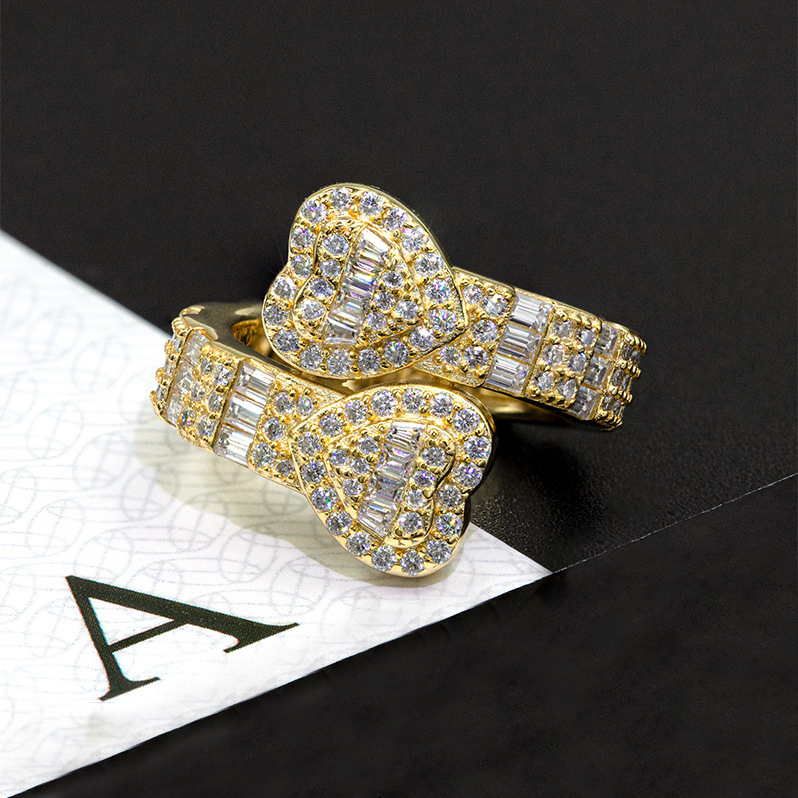 Bubble Letter Silver Moissanite VVS Baguette Heart Ring for Men Hip Hop Jewelry