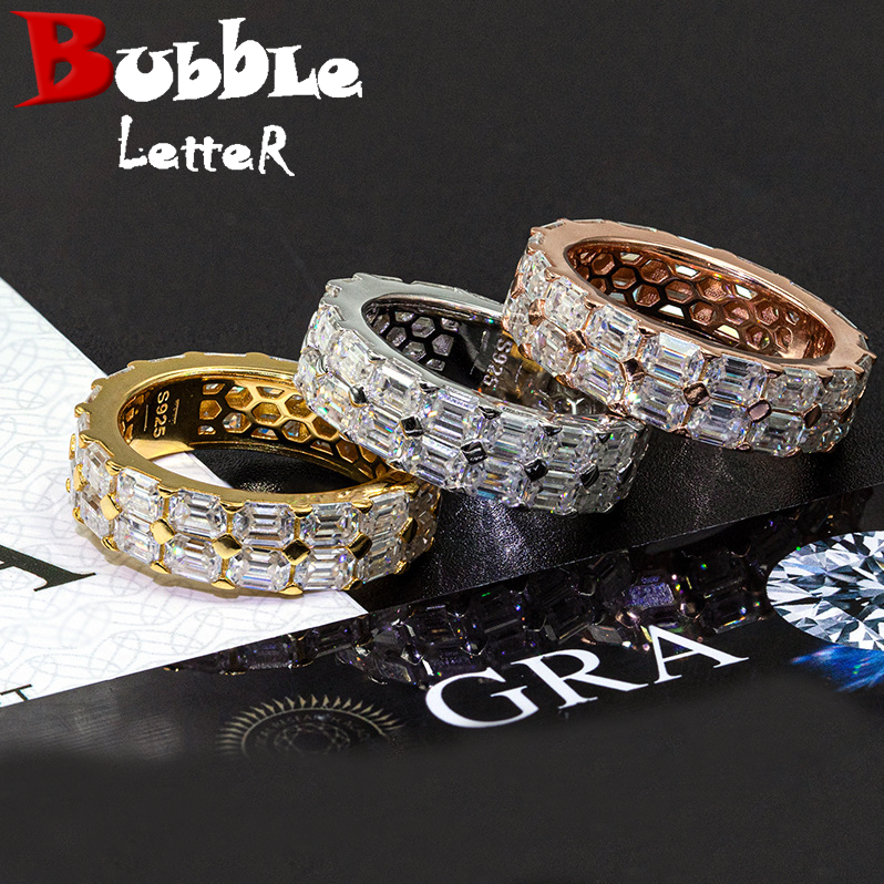 Bubble Letter Silver Moissanite VVS Two Rows Baguette Ring for Men Hip Hop Jewelry