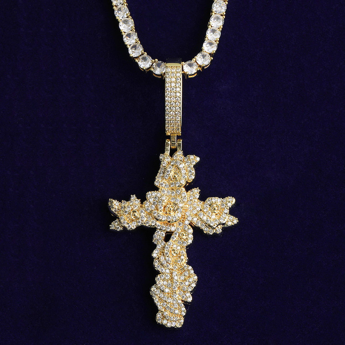 Bubble Letter Iced Out Rose Flower Cross Necklace Pendant for Women Real Gold Plated 5A Cubic Zirconia Hip Hop Jewelry