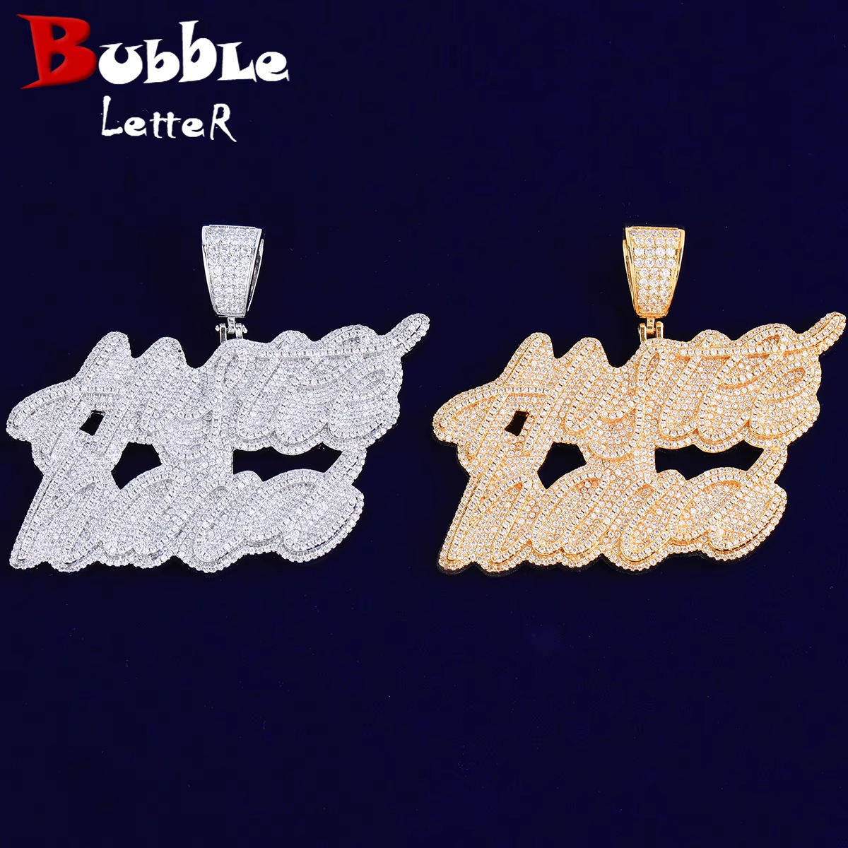 Bubble Letter Iced Out Hustle Hard Necklace Pendant for Men Real Copper Gold Plated Hip Hop Jewelry