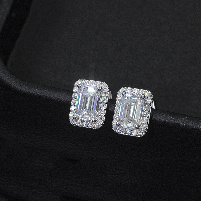 Bubble Letter Silver Moissanite VVS Rectangle Baguette Stud Earring for Men Hip Hop Jewelry