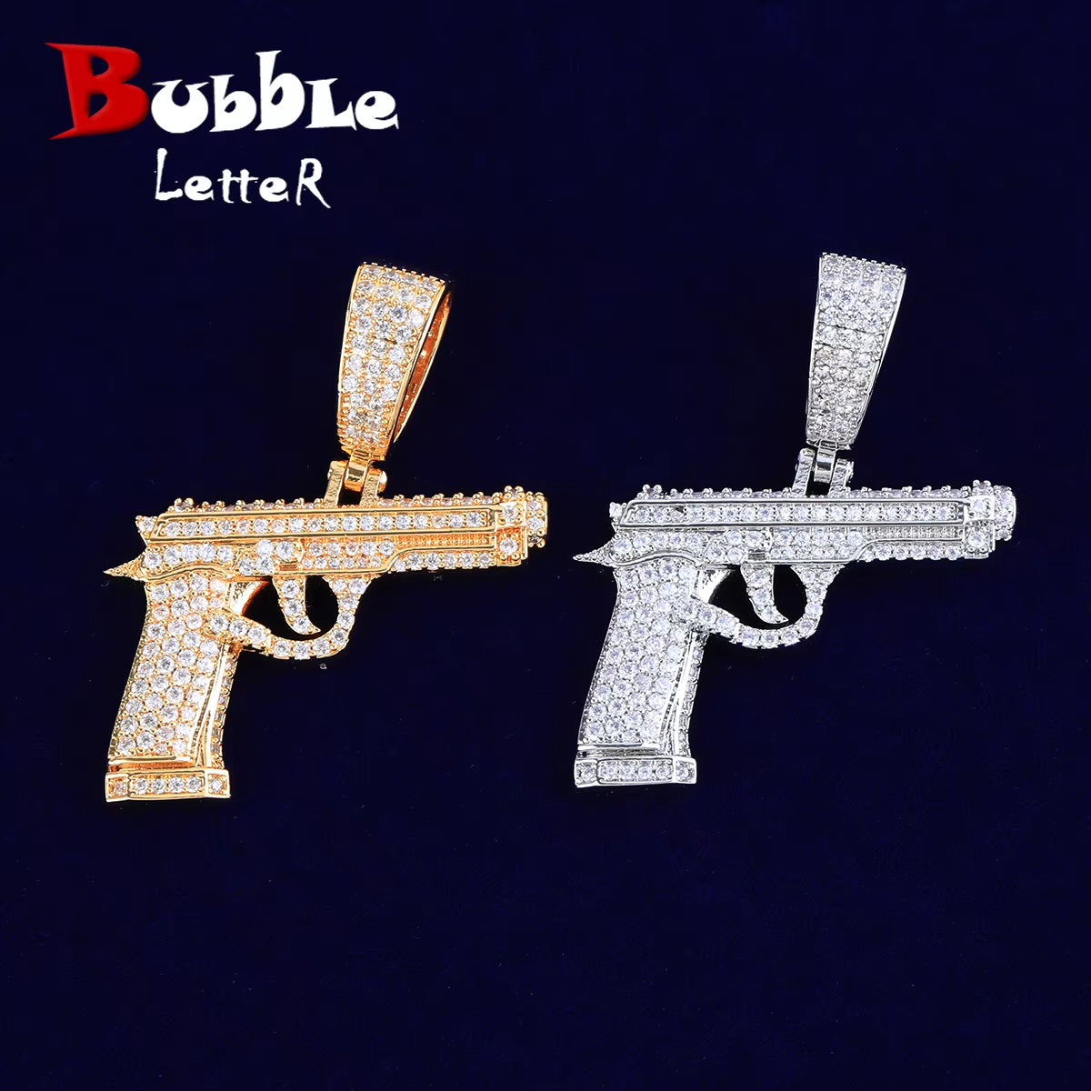 Bubble Letter Iced Out Gun Necklace Pendant for Men Street Culture Prong Setting Charm Cubic Zirconia Hip Hop Jewelry