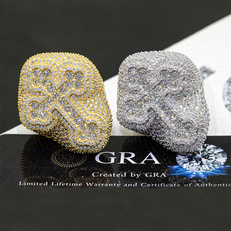 Bubble Letter Silver Moissanite VVS Baguette Flower Cross Ring for Men Hip Hop Jewelry