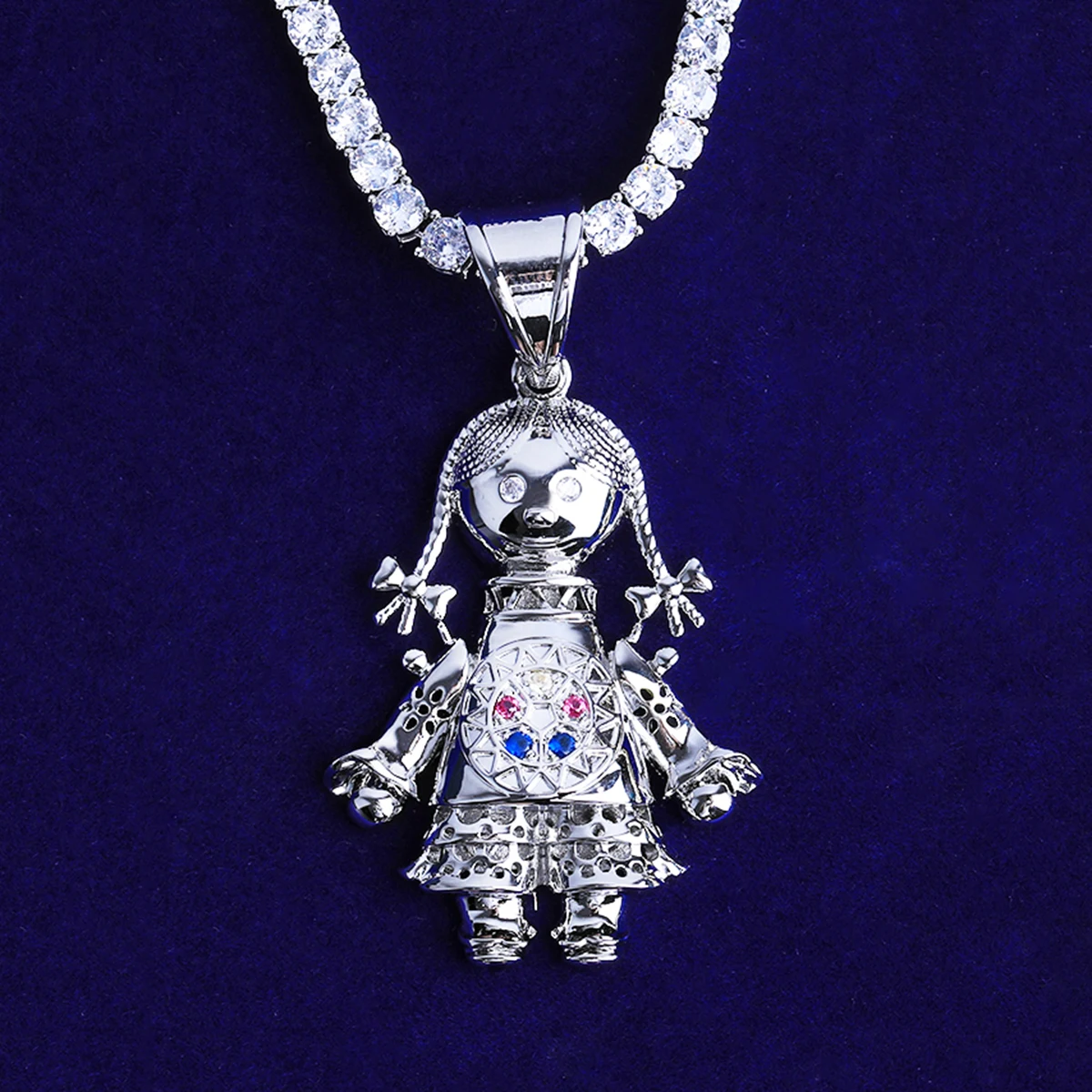 Bubble Letter Iced Out Rag Doll Necklace Pendant for Men Prong Setting 5A Cubic Zirconia Hip Hop Jewelry