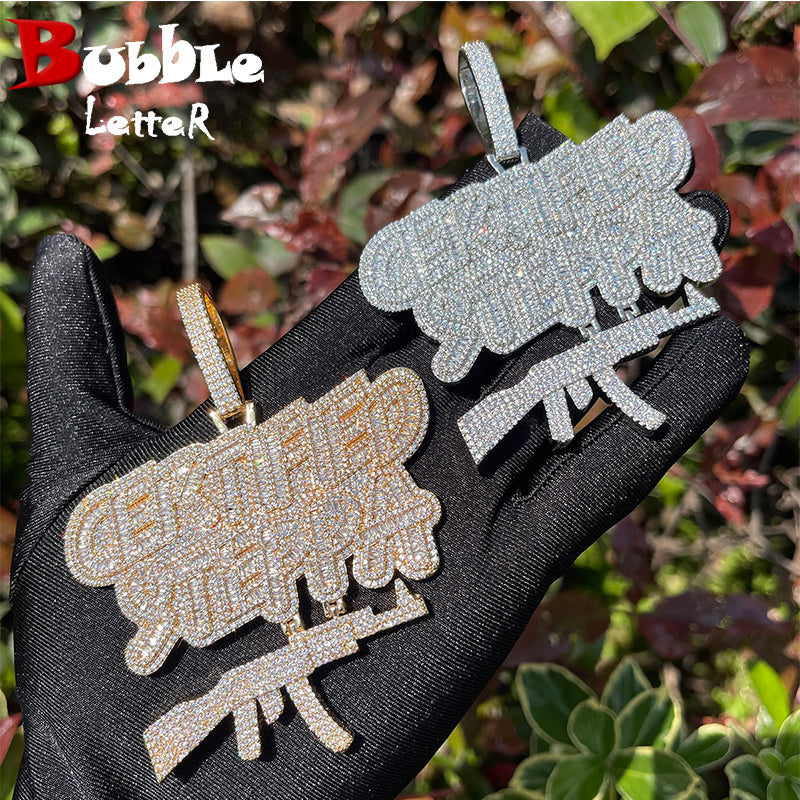 Bubble Letter Certified Steppa Gun Necklace for Men Iced Out Pendant Real Gold Plated Cubic Zirconia Hip Hop Jewelry