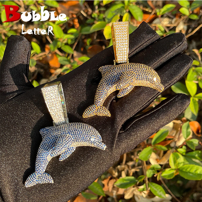 Bubble Letter Iced Out Dolphin Animal Necklace for Men Two Tone Pendant Hip Hop Jewelry 2023 Drop Shipping Products