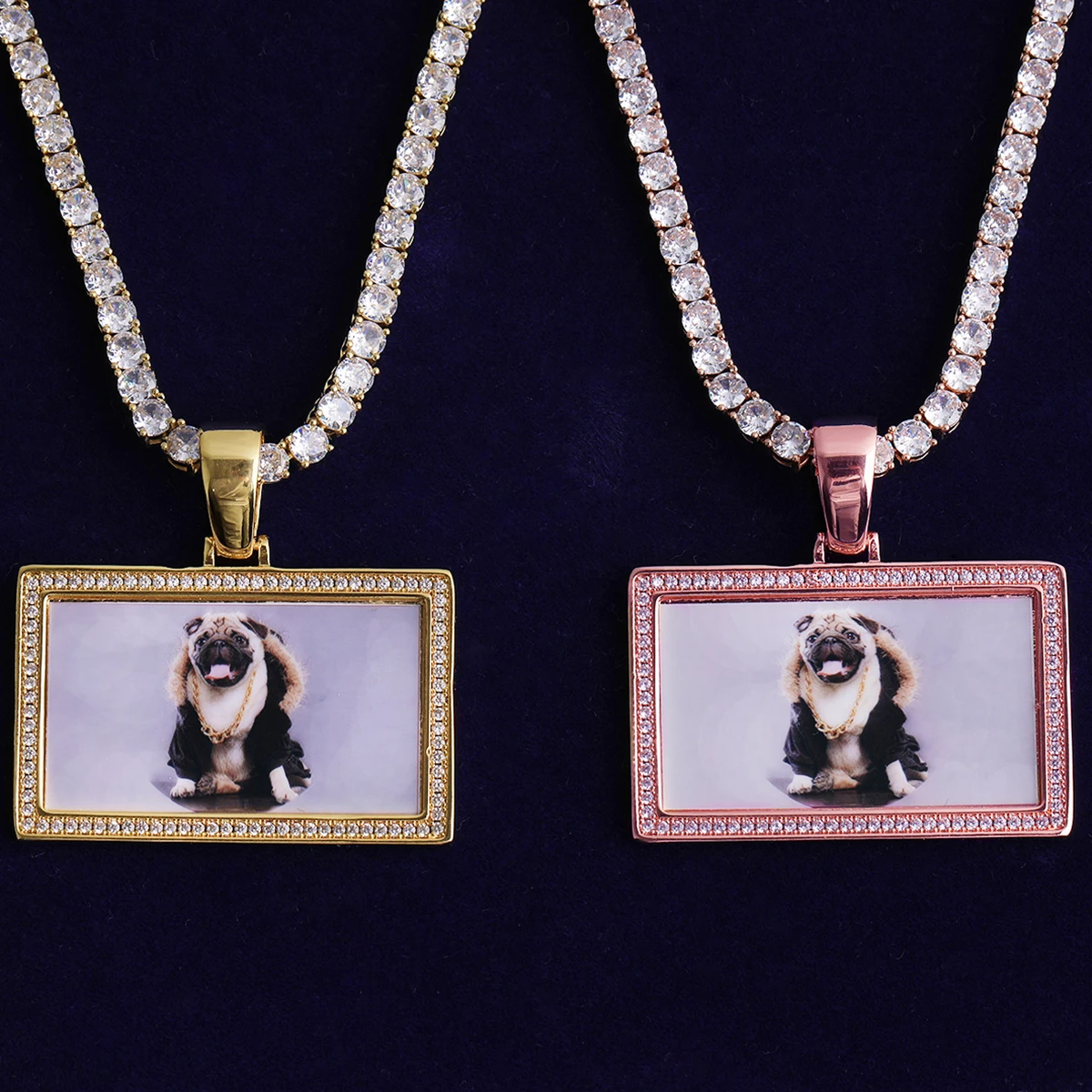 Bubble Letter Iced Out Rectangle Custom Photo Necklace Pendant for Men Real Gold Plated Cubic Zirconia Hip Hop Jewelry