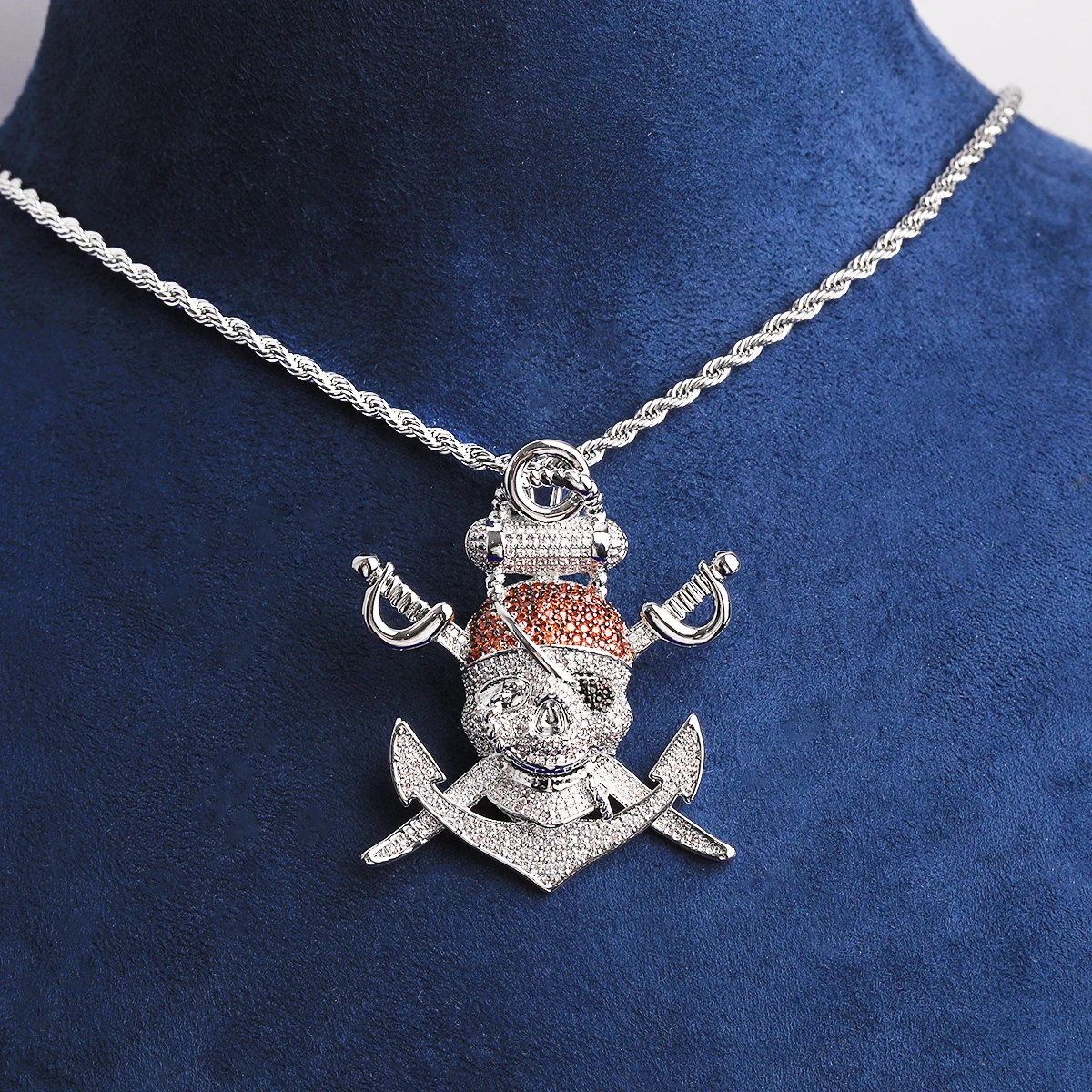 Bubble Letter Iced Out Pirate Anchor Necklace Pendant for Men Prong Setting 5A Cubic Zirconia Hip Hop Jewelry