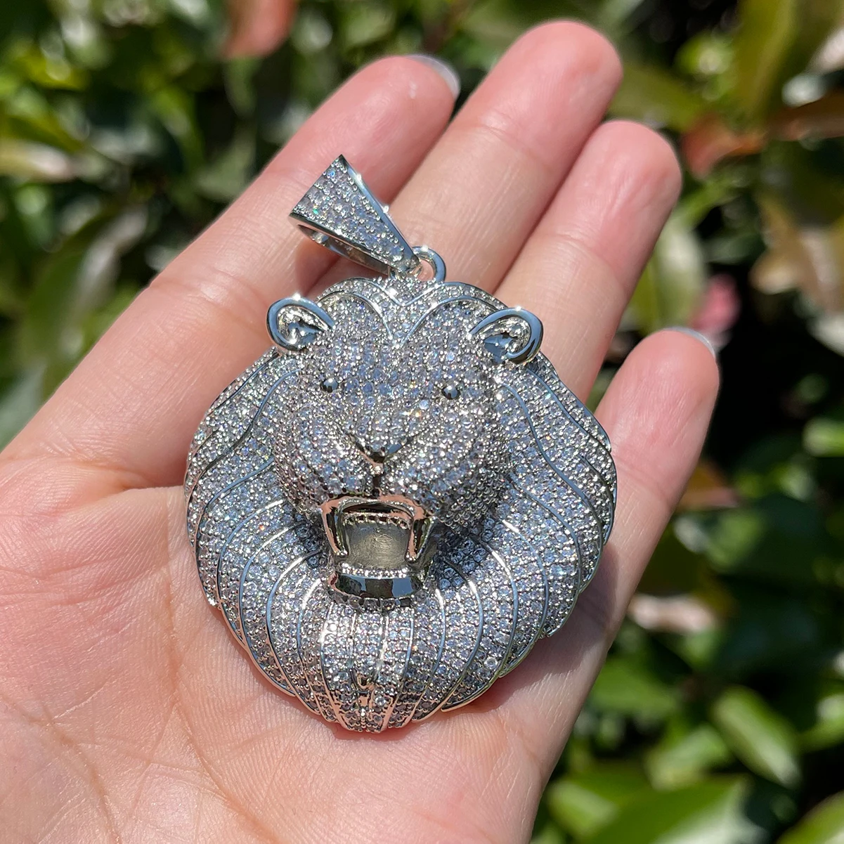 Bubble Letter Iced Out Lion Head Necklace Prong Pendant Cubic Zirconia Real Gold Plated Hip Hop Jewelry