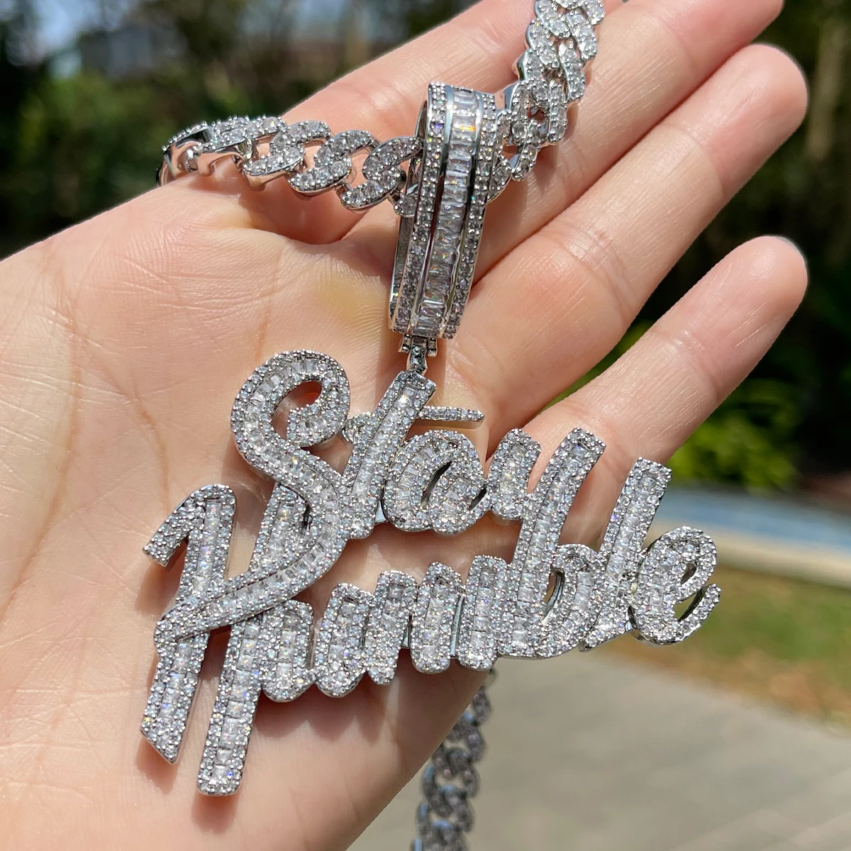 Bubble Letter Stay Humble Necklace for Men Iced Out Pendant Real Gold Plated Cubic Zirconia Hip Hop Jewelry