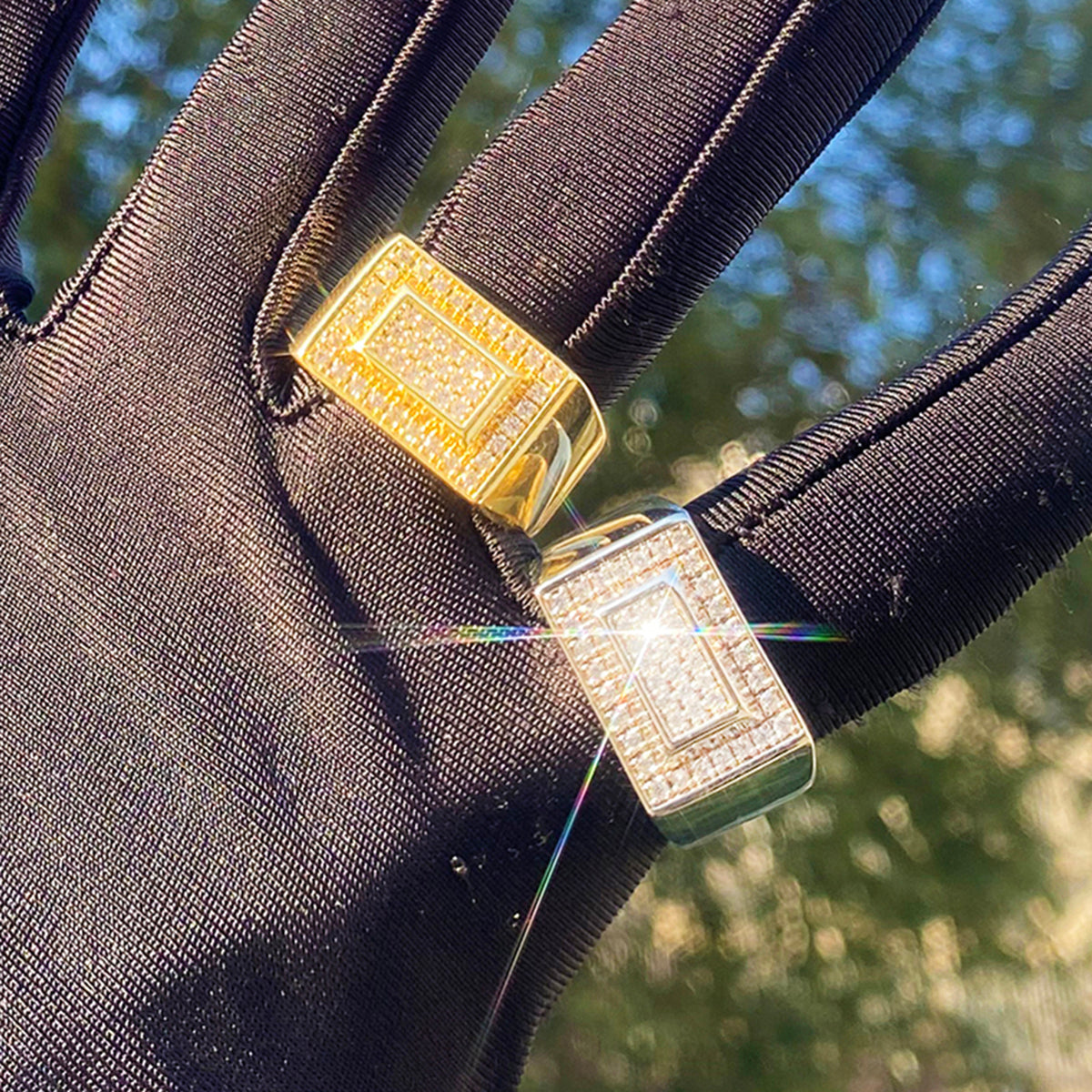 Bubble Letter Iced Out Double Rectangle Ring for Men Real Gold Plated Cubic Zirconia Hip Hop Jewelry