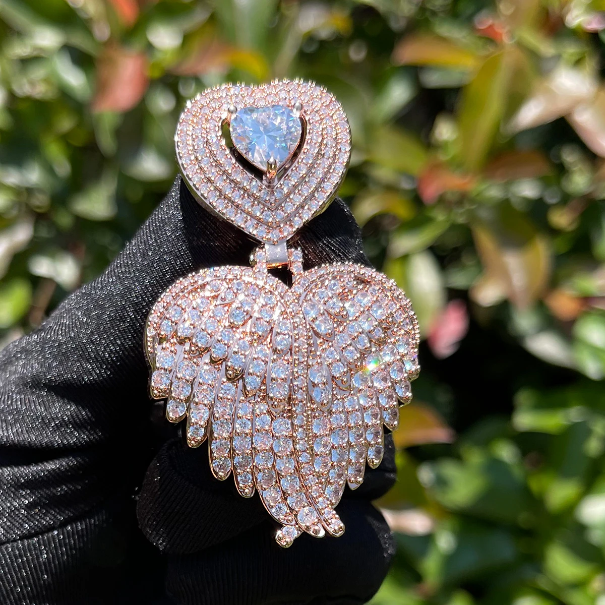 Bubble Letter Iced Out Necklace for Women Heart Bail Prong Wing Pendant Real Gold Plated Hip Hop Jewelry