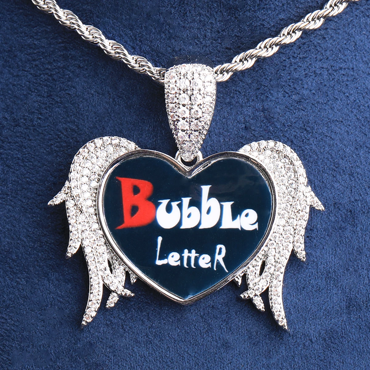 Bubble Letter Iced Out Heart Custom Photo Necklace Pendant for Women Real Gold Plated 5A Cubic Zirconia Hip Hop Jewelry