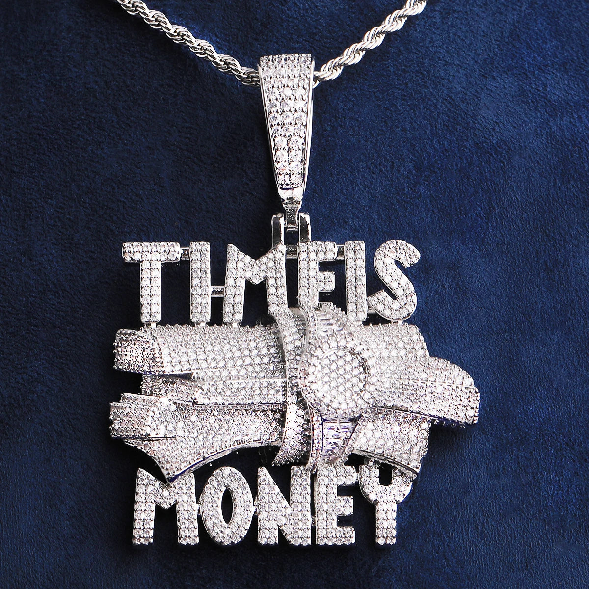 Bubble Letter Iced Out Time is Money Necklace Pendant for Men Prong Setting Real Gold Plated Hip Hop Jewelry