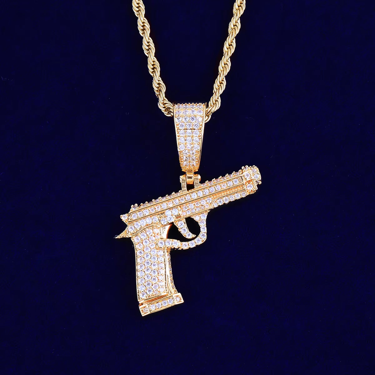 Bubble Letter Iced Out Gun Necklace Pendant for Men Street Culture Prong Setting Charm Cubic Zirconia Hip Hop Jewelry