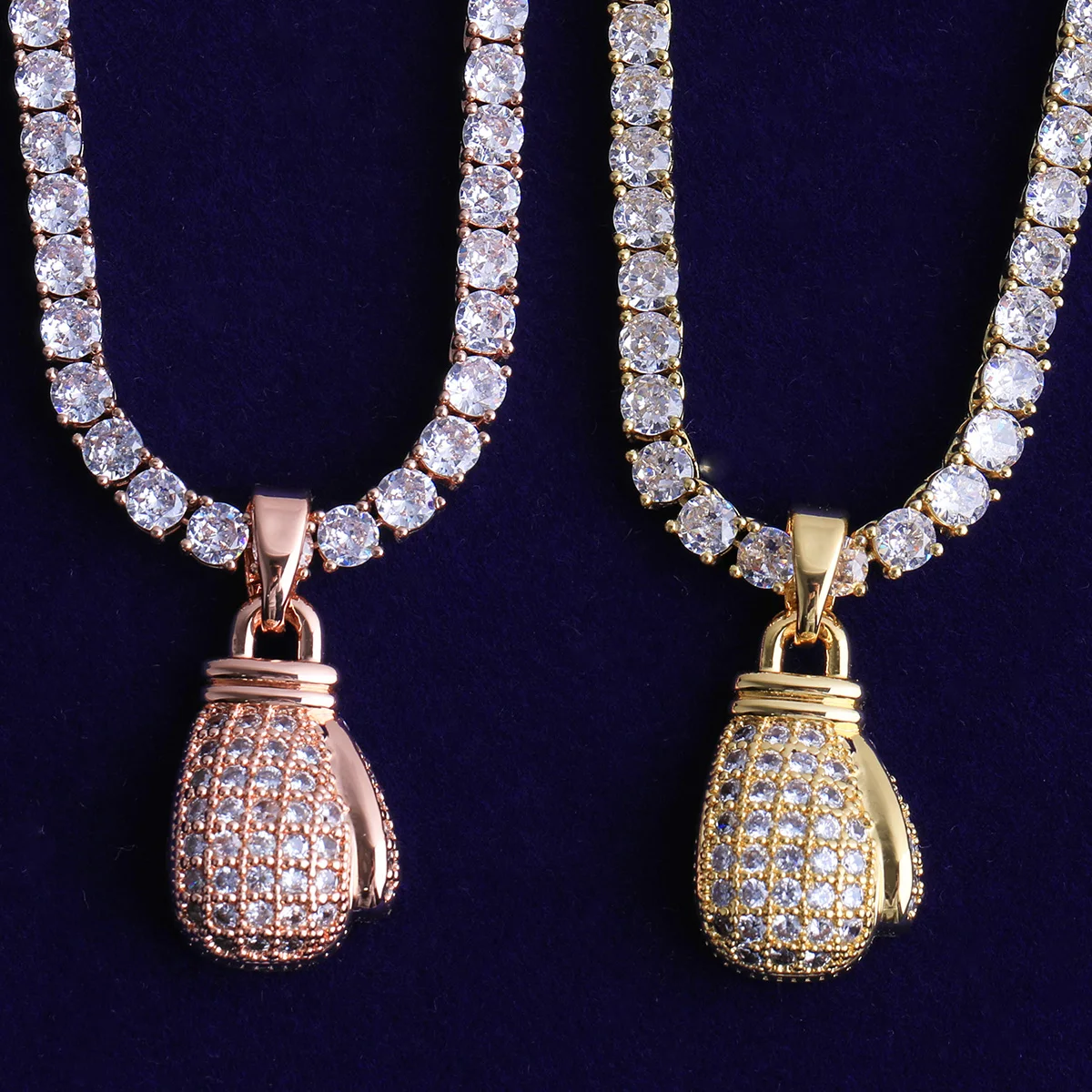 Bubble Letter Iced Out boxing Gloves for Men Necklace Pendant Real Gold Plated Cubic Zirconia Hip Hop Jewelry