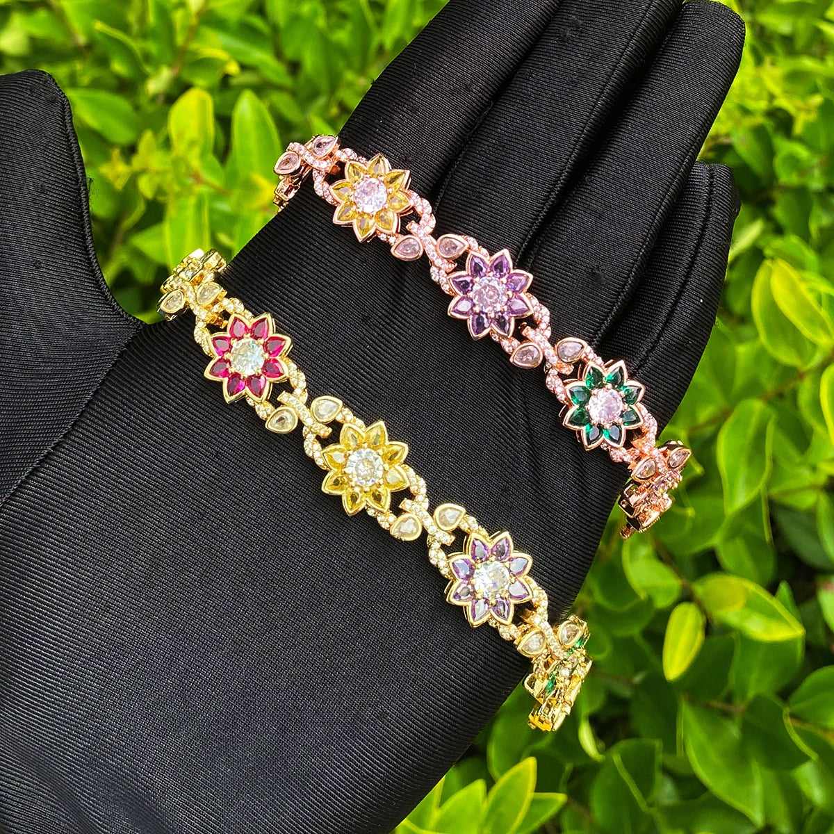 Bubble Letter Iced Out Colorful Flower leaves Bracelet for Women Prong Setting Real Gold Plated Hip Hop Jewelry