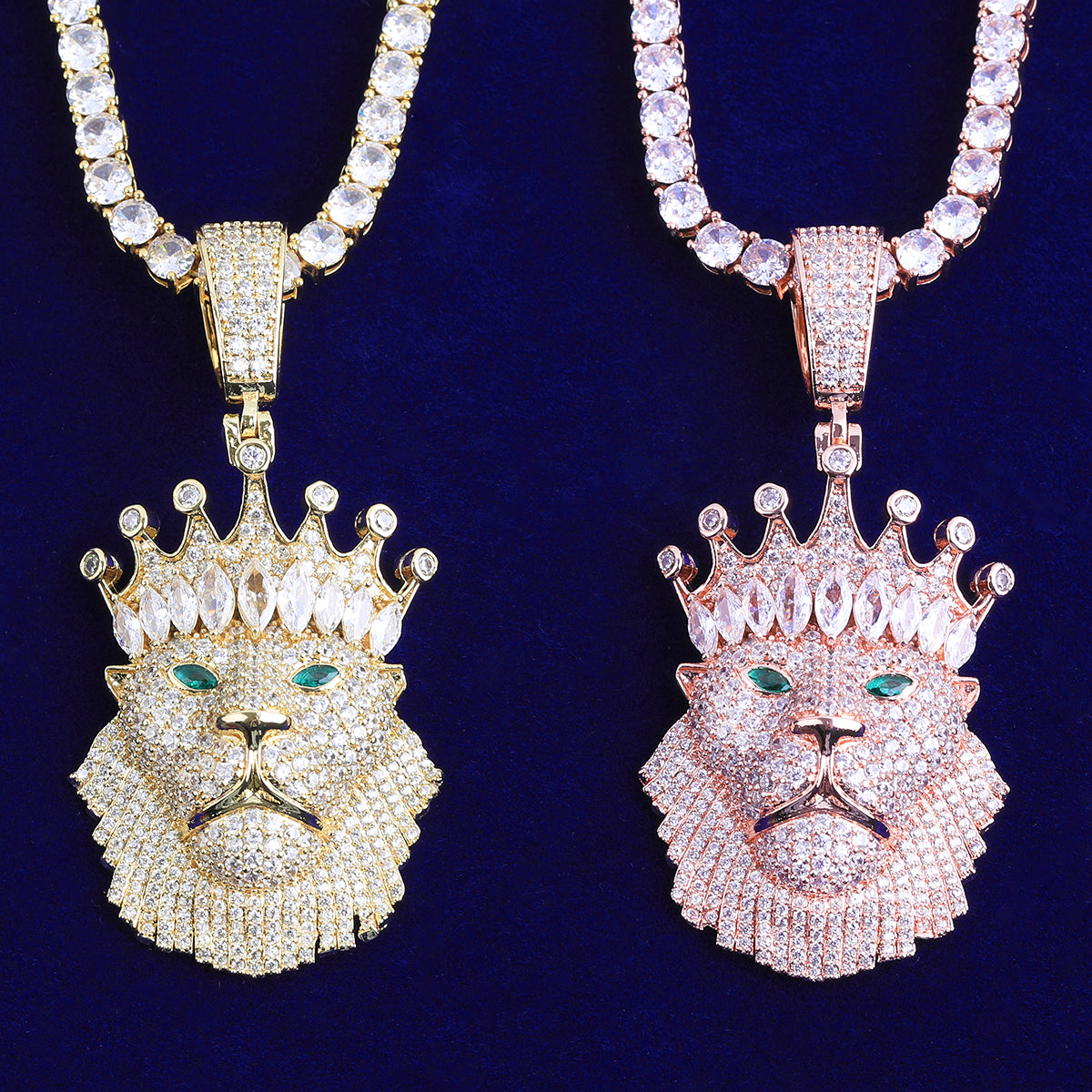 Bubble Letter Iced Out Crown Lion Green Eye Necklace Pendant for Men Real Gold Plated 5A Cubic Zirconia Hip Hop Jewelry