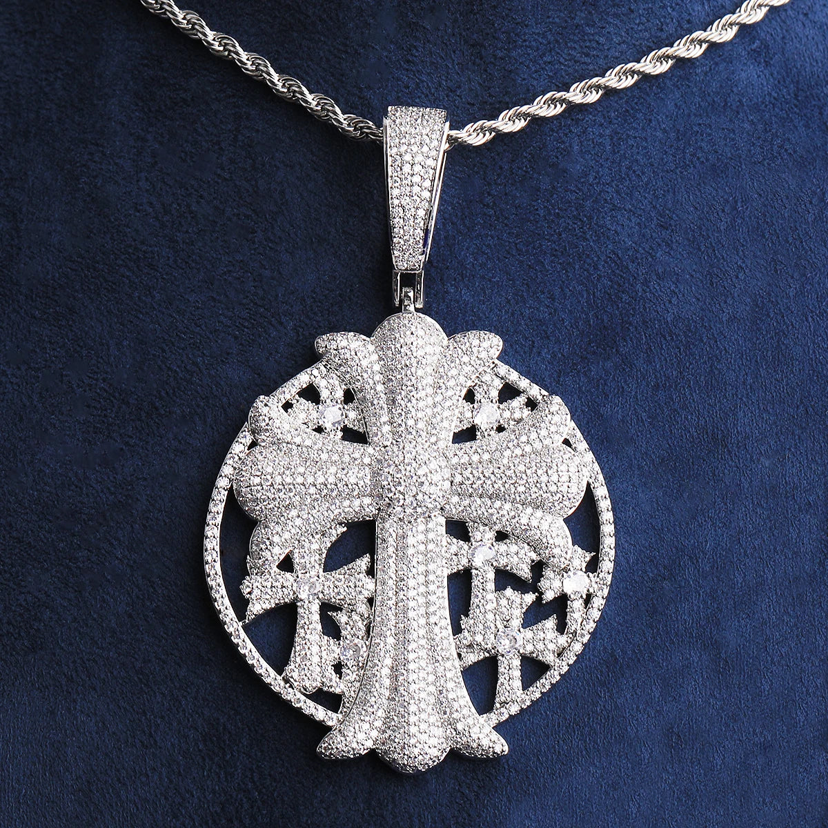 Bubble Letter Iced Out Cross Disc Necklace Pendant for Women Real Gold Plated 5A Cubic Zirconia Hip Hop Jewelry