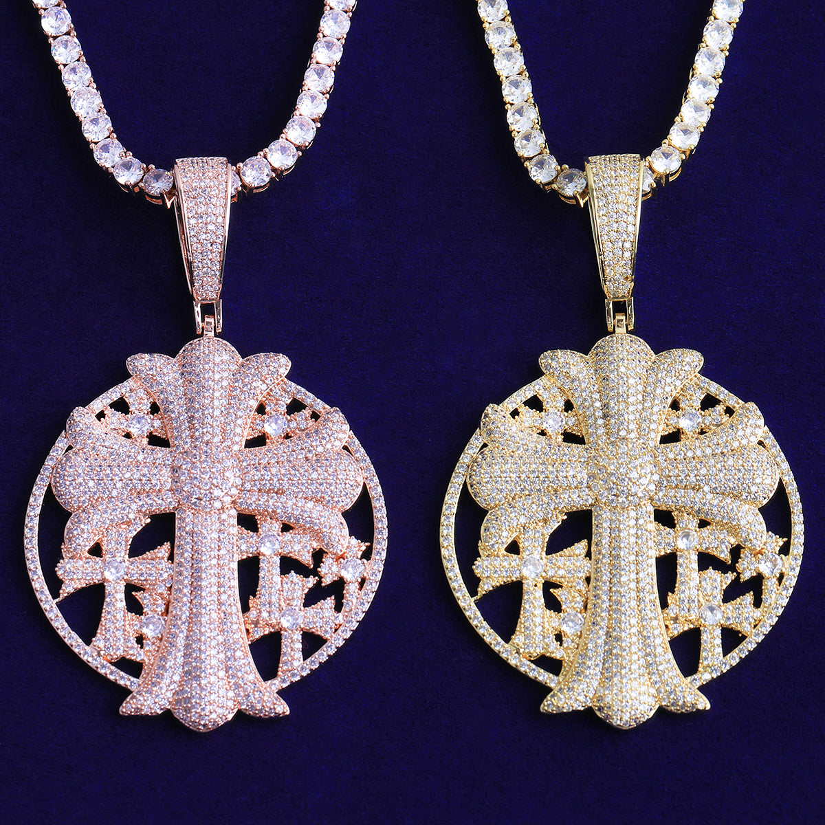 Bubble Letter Iced Out Cross Disc Necklace Pendant for Women Real Gold Plated 5A Cubic Zirconia Hip Hop Jewelry