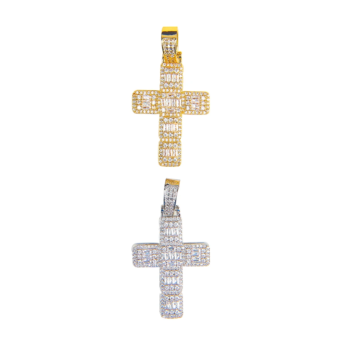BubbLe Letter Men Necklace Baguette Cross Pendant Real Gold Plated Iced Out Hip Hop Jewelry Rapper