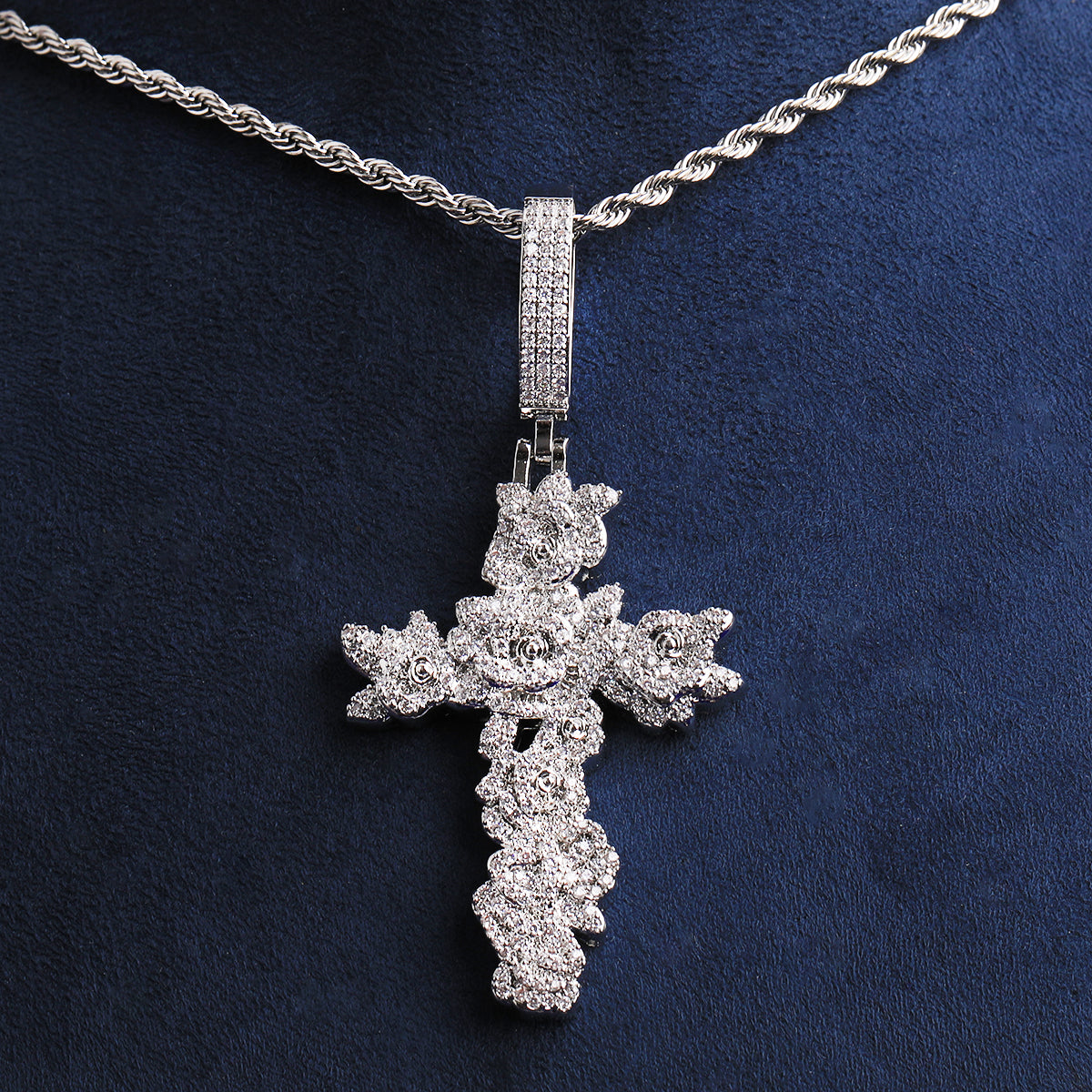Bubble Letter Iced Out Rose Flower Cross Necklace Pendant for Women Real Gold Plated 5A Cubic Zirconia Hip Hop Jewelry