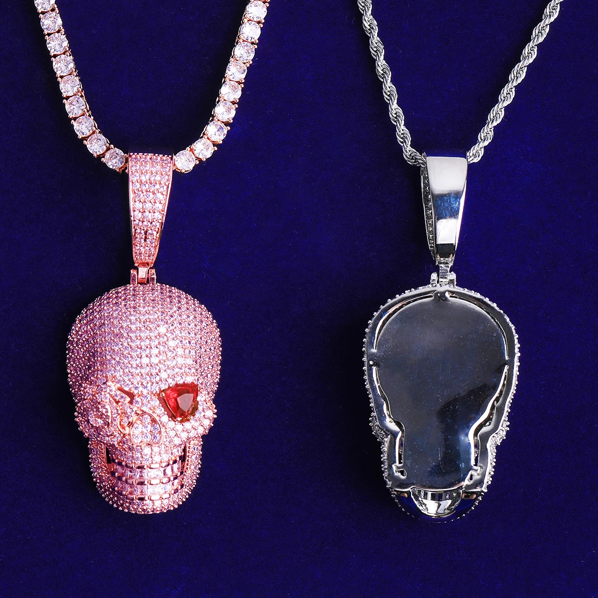 Bubble Letter Iced Out Rose Flower Red Eye Skull Necklace Pendant for Men Prong Setting 5A Cubic Zirconia Hip Hop Jewelry