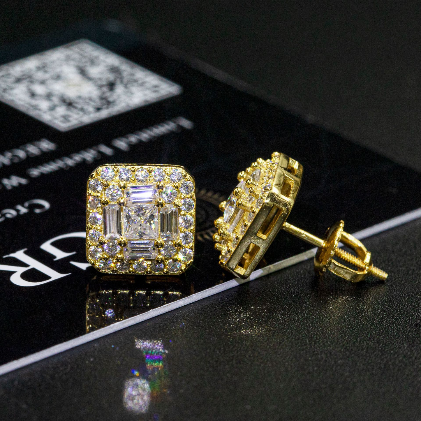 Bubble Letter Silver Moissanite VVS Square Baguette Stud Earring for Men Hip Hop Jewelry