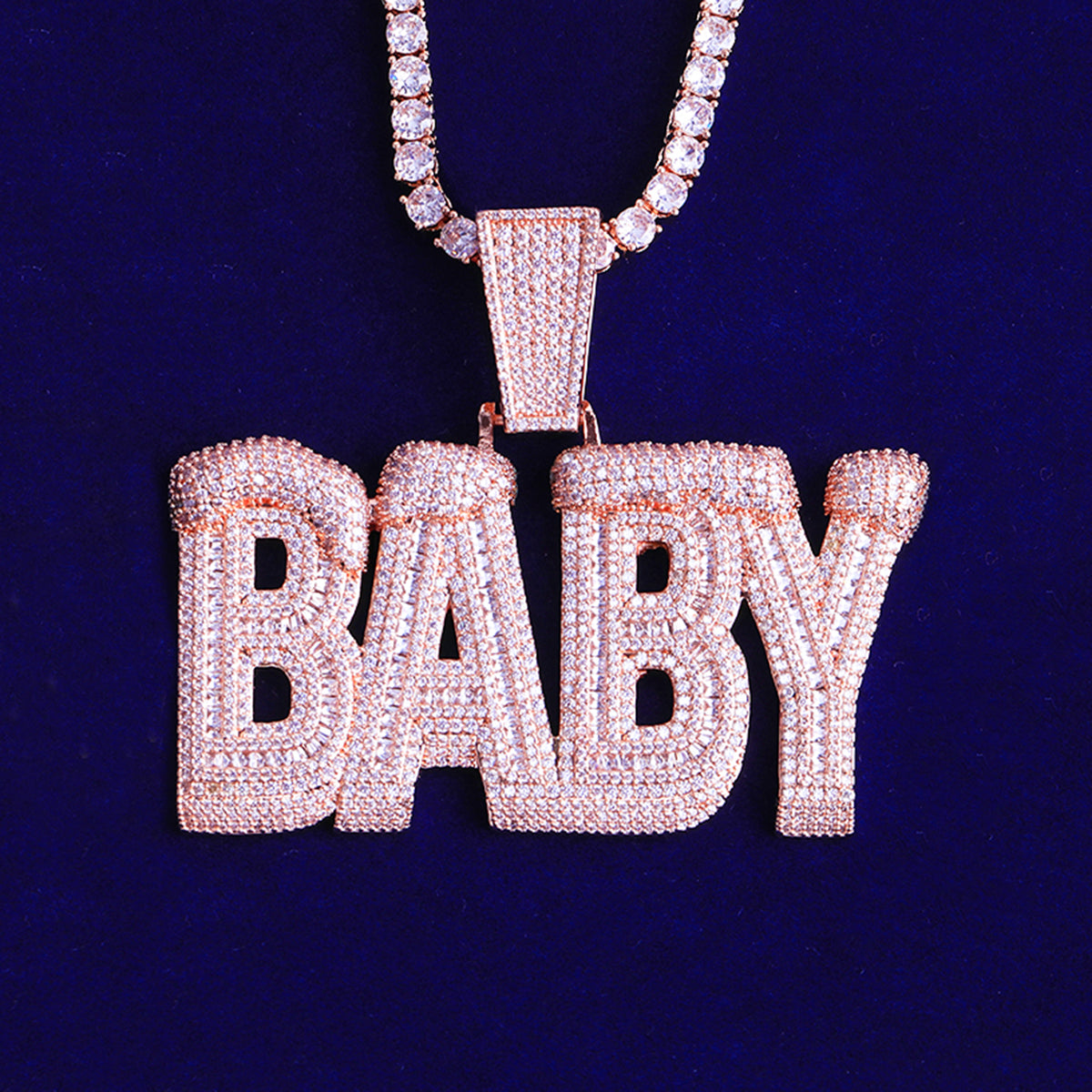 Bubble Letter Iced Out Baby Necklace Pendant for Men 5A Cubic Zirconia Prong Setting Hip Hop Jewelry