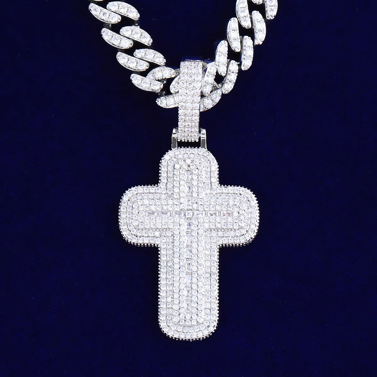 Bubble Letter Iced Out Baguette Two Layers Cross Necklace Pendant for Men Real Gold Plated Hip Hop Jewelry