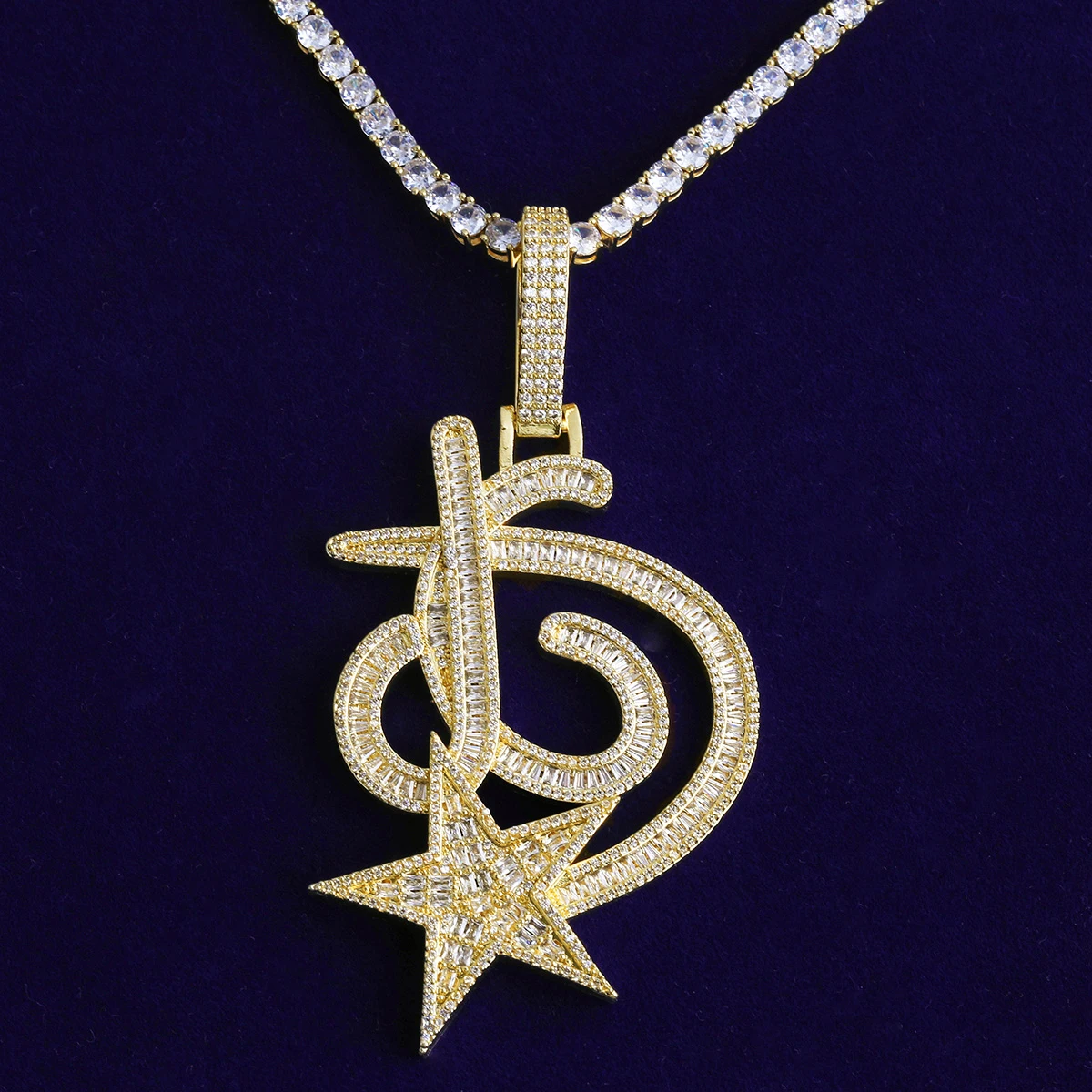 Bubble Letter Iced Out JG Star Necklace Pendant for Men Real Gold Plated Cubic Zirconia Hip Hop Jewelry