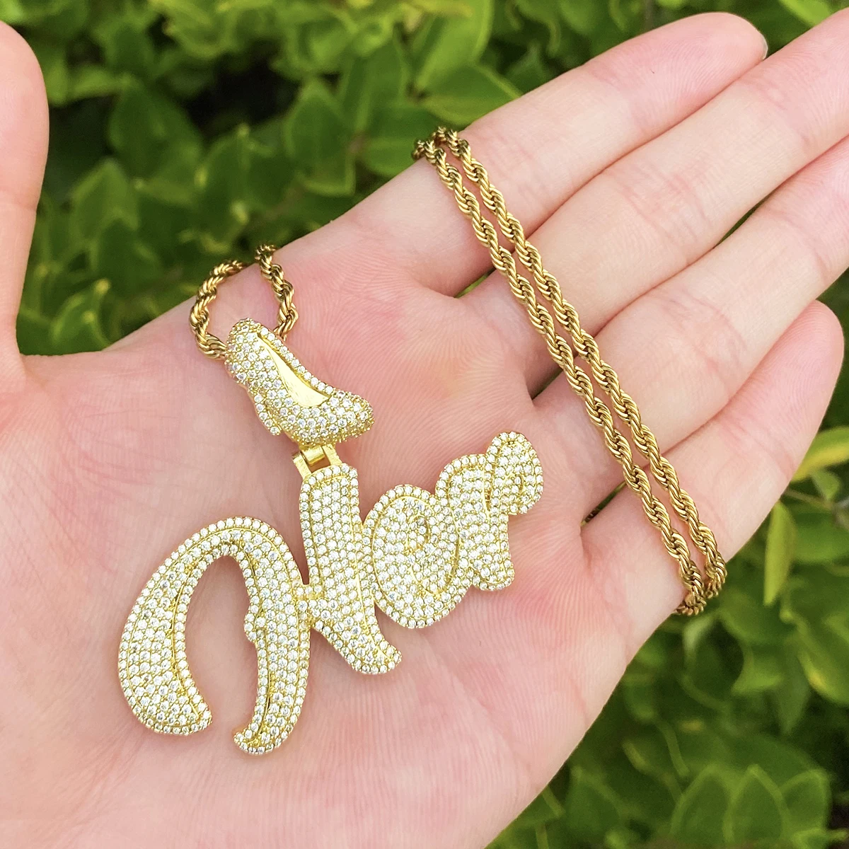 Bubble Letter Iced Out High Heel Bail Her Necklace Pendant for Women Prong Setting 5A Cubic Zirconia Hip Hop Jewelry