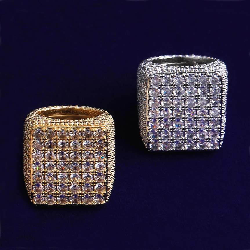 Bubble Letter Iced Out Square Ring for Men Real Gold Plated Cubic Zirconia Hip Hop Jewelry