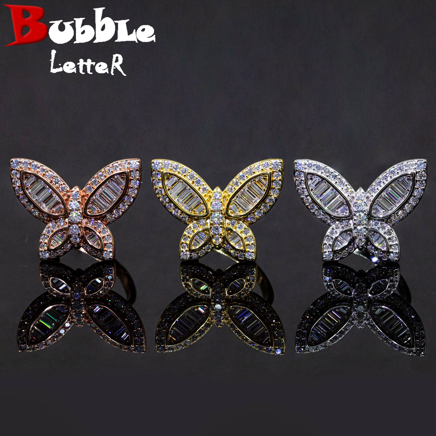 Bubble Letter Silver Moissanite VVS Baguette Butterfly for Women Hip Hop Jewelry