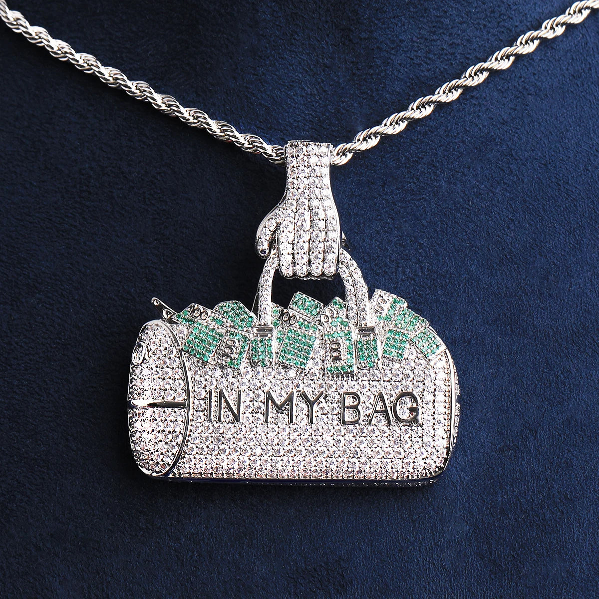 Bubble Letter Iced Out Silver Green In My Bag Necklace Pendant for Men Real Gold Plated 5A Cubic Zirconia Hip Hop Jewelry