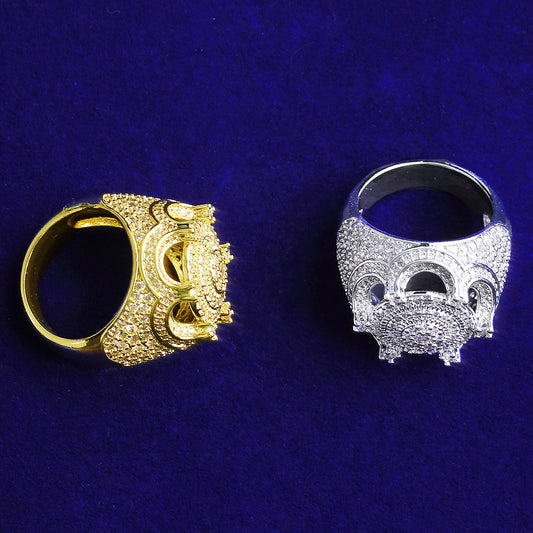 Bubble Letter Iced Out Crown Ring for Men 5A Cubic Zirconia Real Gold Plated Hip Hop Jewelry