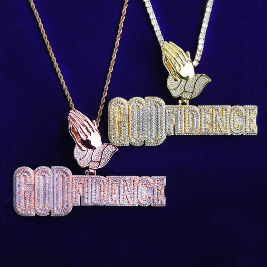 Bubble Letter Iced Out God Fidence Prayer Bail Necklace Pendant for Men 5A Copper Cubic Zirconia Hip Hop Jewelry
