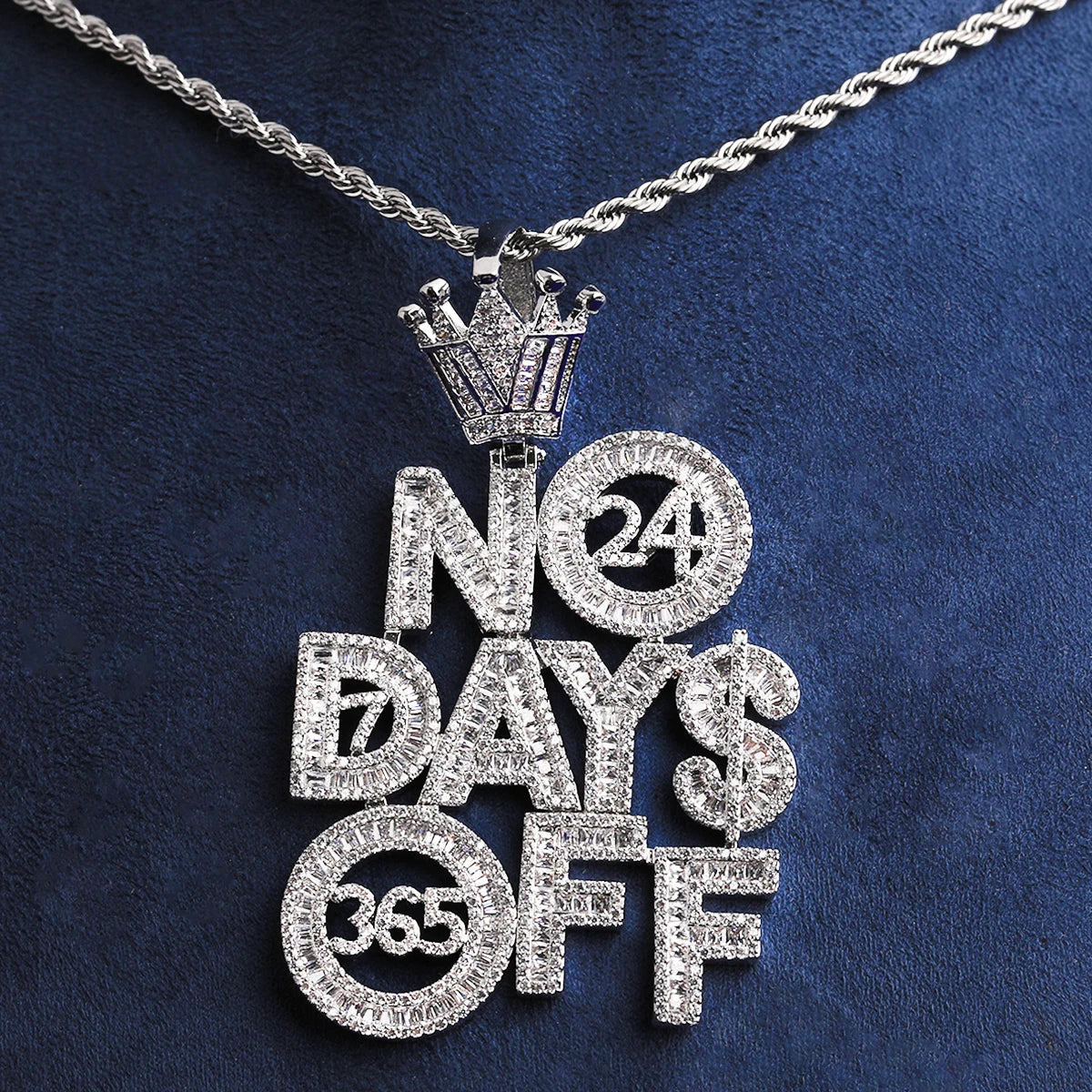 Bubble Letter Iced Out No Days Off Crown Bail Necklace Pendant for Men Prong Setting Real Gold Plated Hip Hop Jewelry