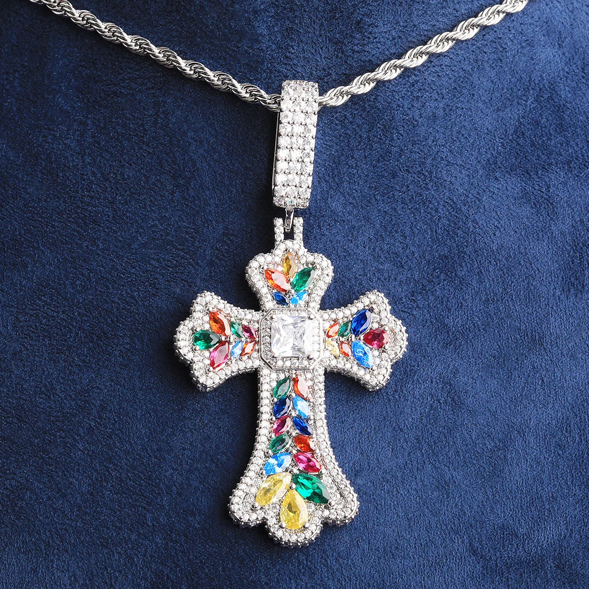Bubble Letter Iced Out Colorful Cubic Zirconia Cross Necklace Pendant for Men Real Gold Plated 5A Grade Hip Hop Jewelry