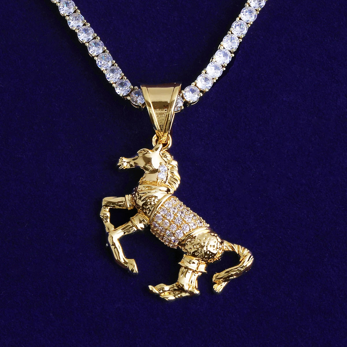 Bubble Letter Iced Out Horse Necklace Pendant for Men Real Gold Plated Cubic Zirconia Hip Hop Jewelry