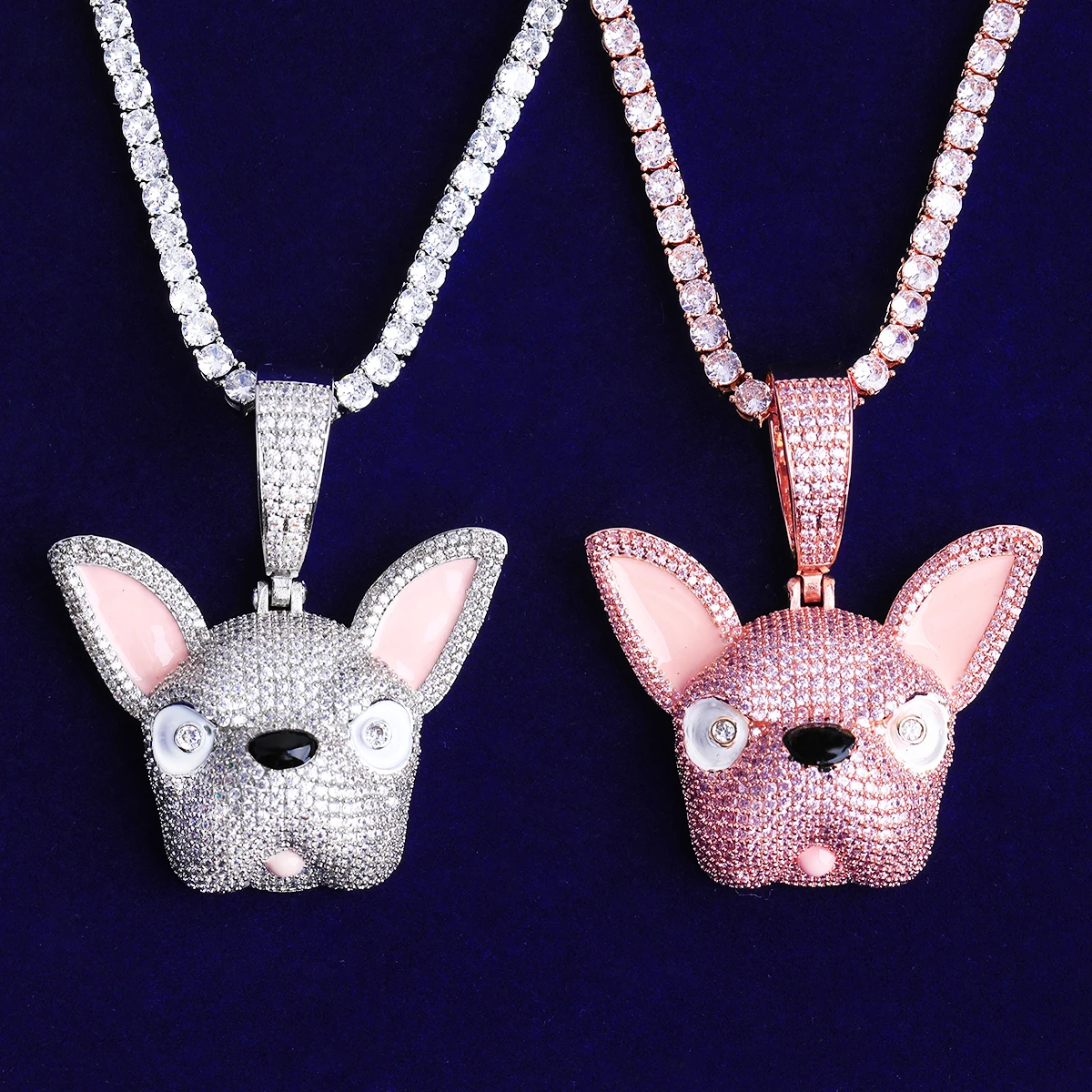 Bubble Letter Iced Out Pink Ears Dog Necklace Pendant for Men Prong Setting 5A Cubic Zirconia Hip Hop Jewelry