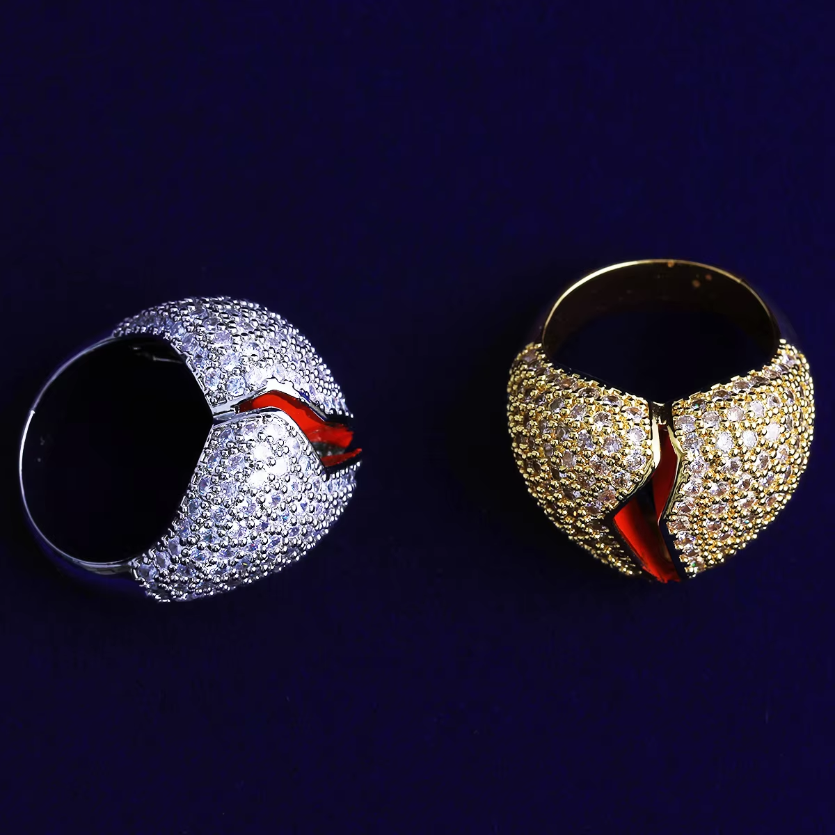 Bubble Letter Iced Out Broken Heart Ring for Men Real Gold Plated Cubic Zirconia Hip Hop Jewelry