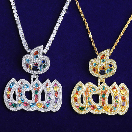 Bubble Letter Iced Out Colorful Allah Necklace Pendant for Men 5A Copper Cubic Zirconia Hip Hop Jewelry