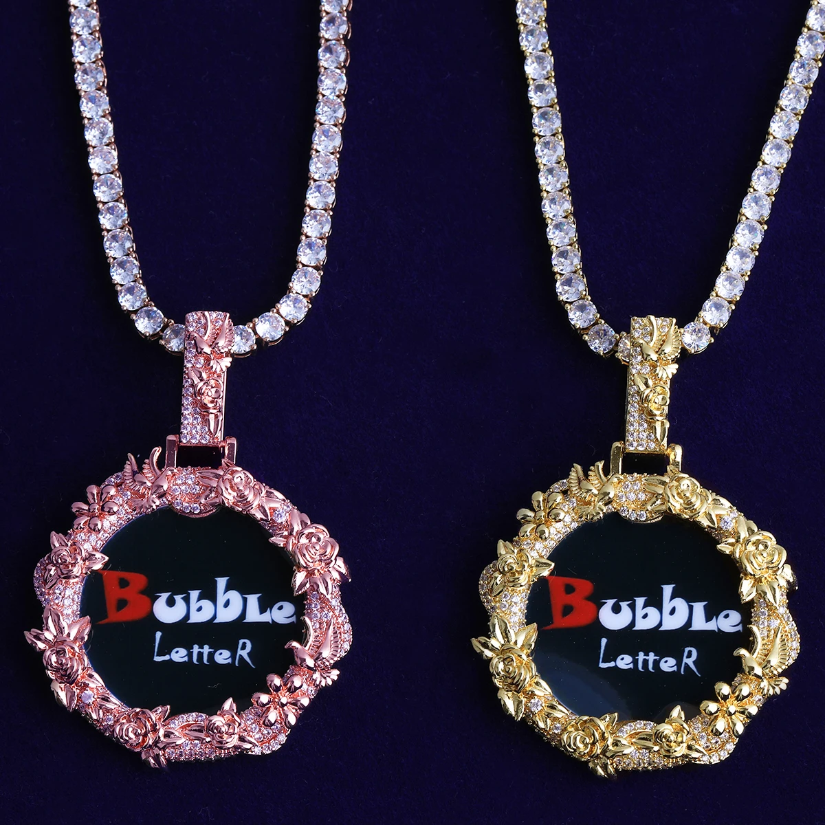 Bubble Letter Iced Out Dove Rose Flower Custom Picture Necklace Pendant for Men Real Gold Plated Cubic Zirconia Hip Hop Jewelry