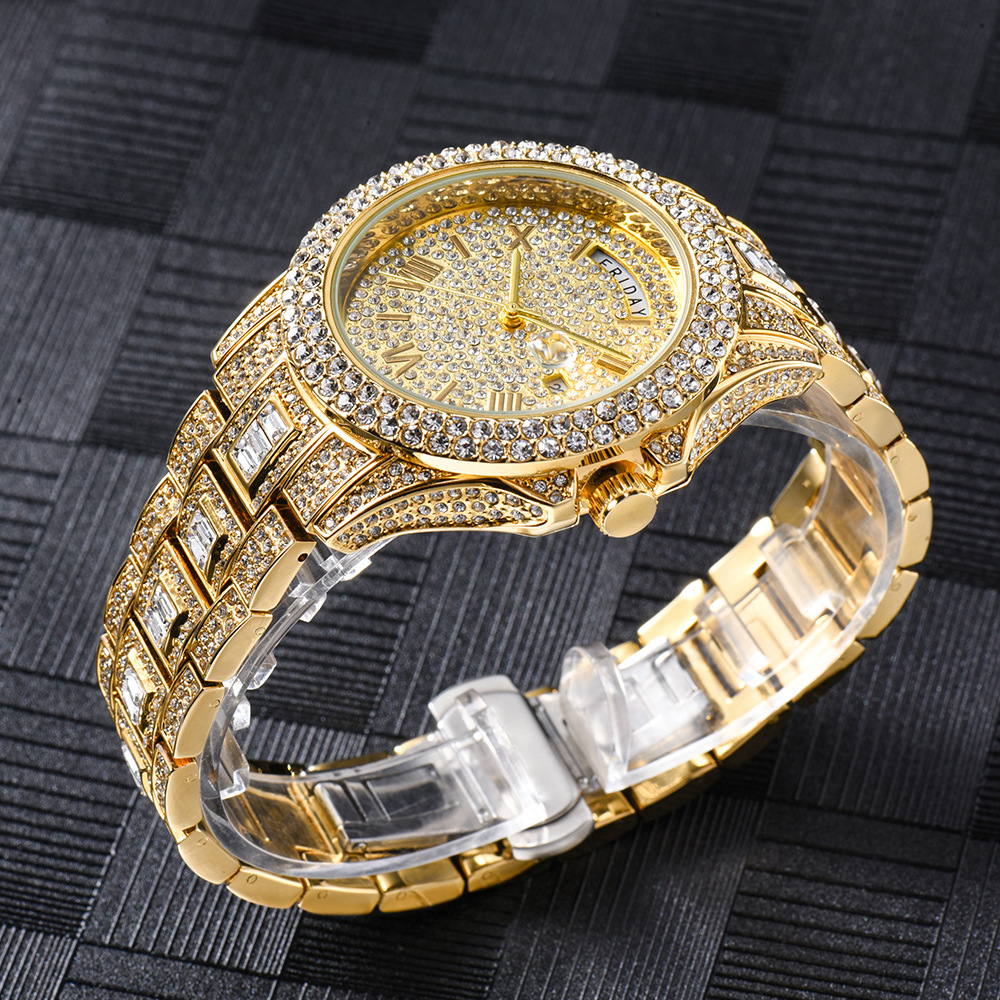 Bubble Letter DAY DATE ROMAN NUMERALS VVS ICED OUT DIAMOND WATCH