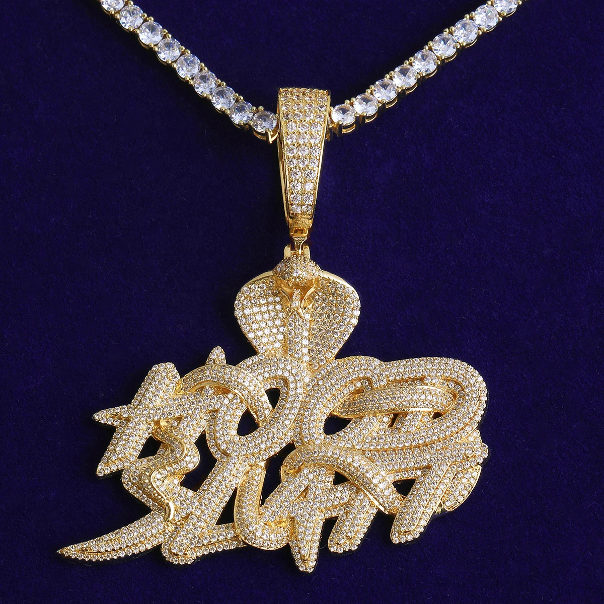 Bubble Letter Iced Out Snake Hood Hustle Necklace Pendant for Men Real Gold Plated Cubic Zirconia Hip Hop Jewelry