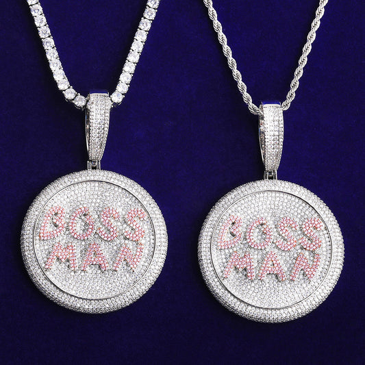 Bubble Letter Iced Out Boss Man Circle Necklace Pendant for Men 5A Copper Cubic Zirconia Hip Hop Jewelry