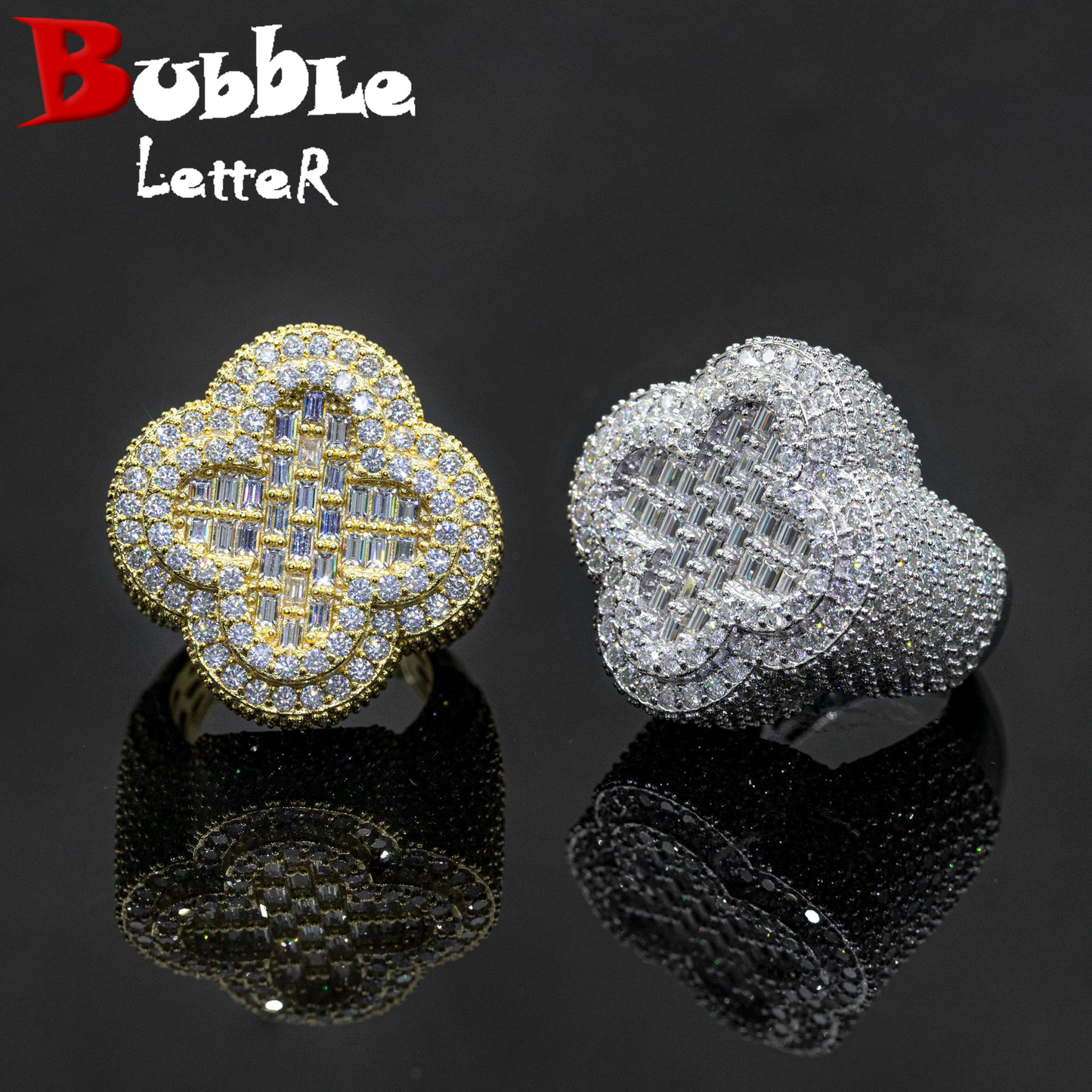 Bubble Letter Silver Moissanite VVS Baguette Flower Ring for Women Hip Hop Jewelry