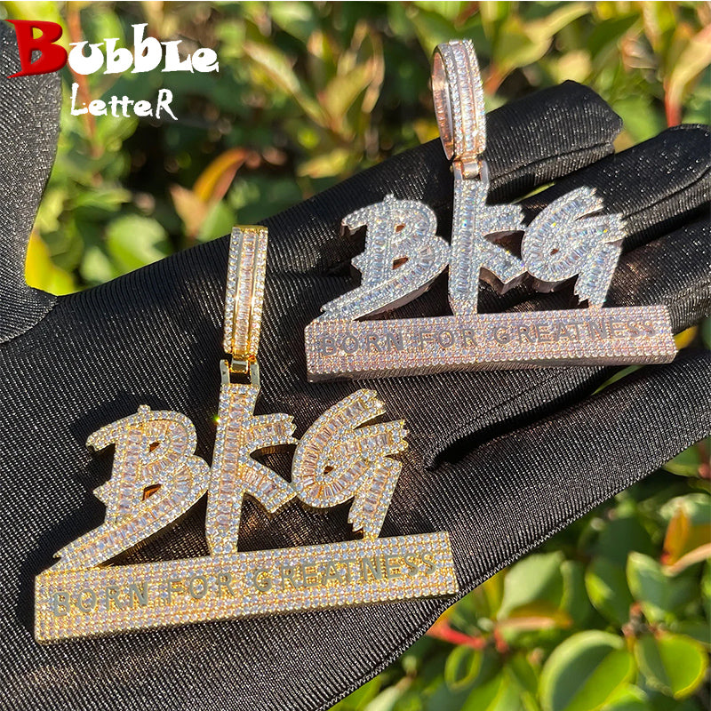 Bubble Letter Iced Out Pendant for Men Born for Greatness Necklace Prong Setting Double Color Hip Hop Jewelry
